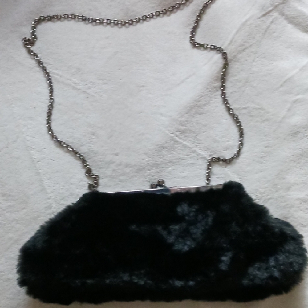 Gunne Sax Black Clutch with Chain Strap and Plush Texture
